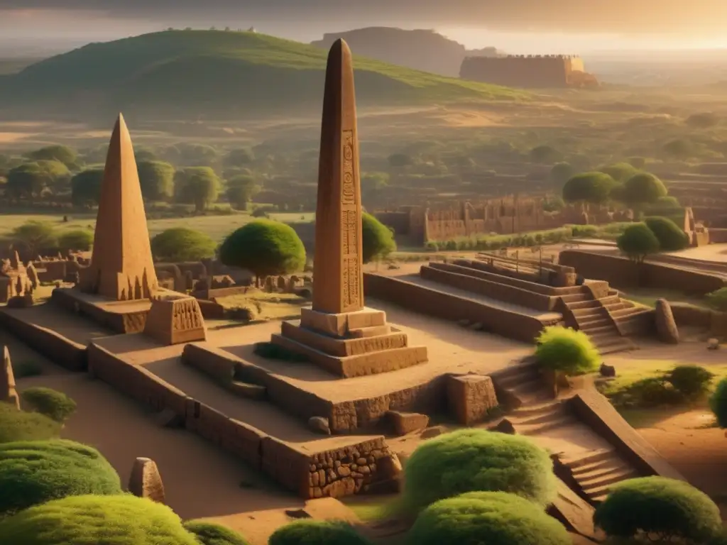 Un paisaje espectacular de la antigua ciudad de Aksum, con obeliscos, ruinas y exuberante vegetación