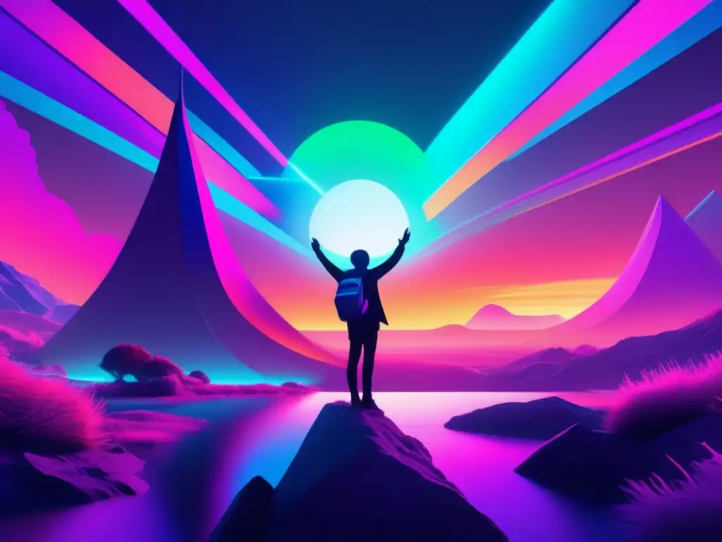 Un paisaje etéreo y surrealista con colores brillantes y sombras profundas