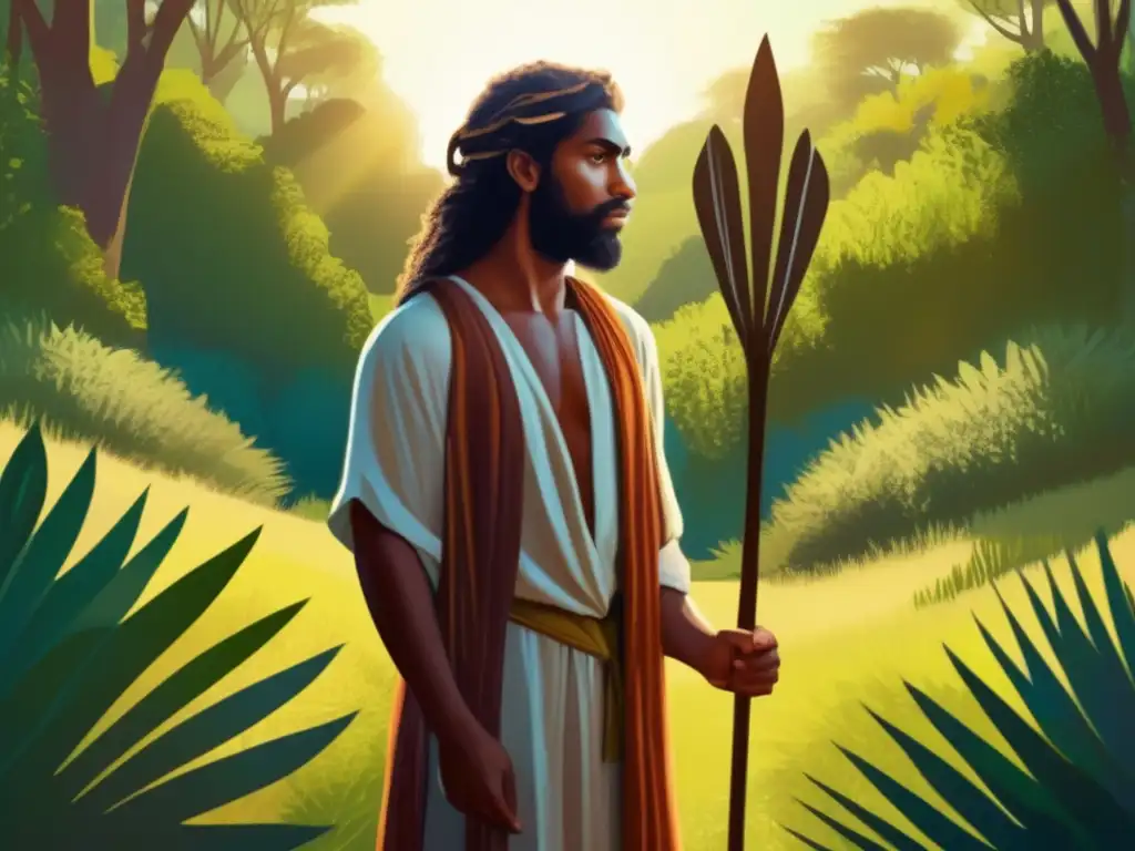 En un paisaje exuberante, Juan el Bautista reflexiona con intensidad, vistiendo ropas simples y sosteniendo un bastón