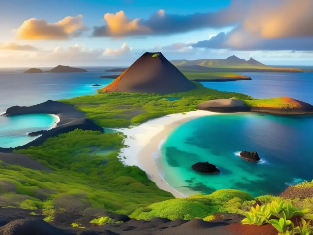 Un paisaje exuberante de las Islas Galápagos, con aguas cristalinas y una diversa y colorida vida silvestre, capturando la esencia del entorno natural que inspiró las teorías revolucionarias de evolución de Charles Darwin y la diversidad de especies naturales