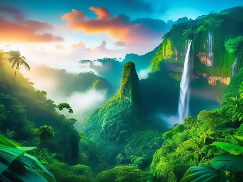 Un paisaje exuberante y surrealista con una selva densa, cielo brillante y una majestuosa cascada
