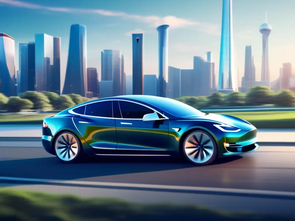 Un paisaje futurista con un auto eléctrico Tesla, arquitectura moderna, energía sostenible y elementos innovadores