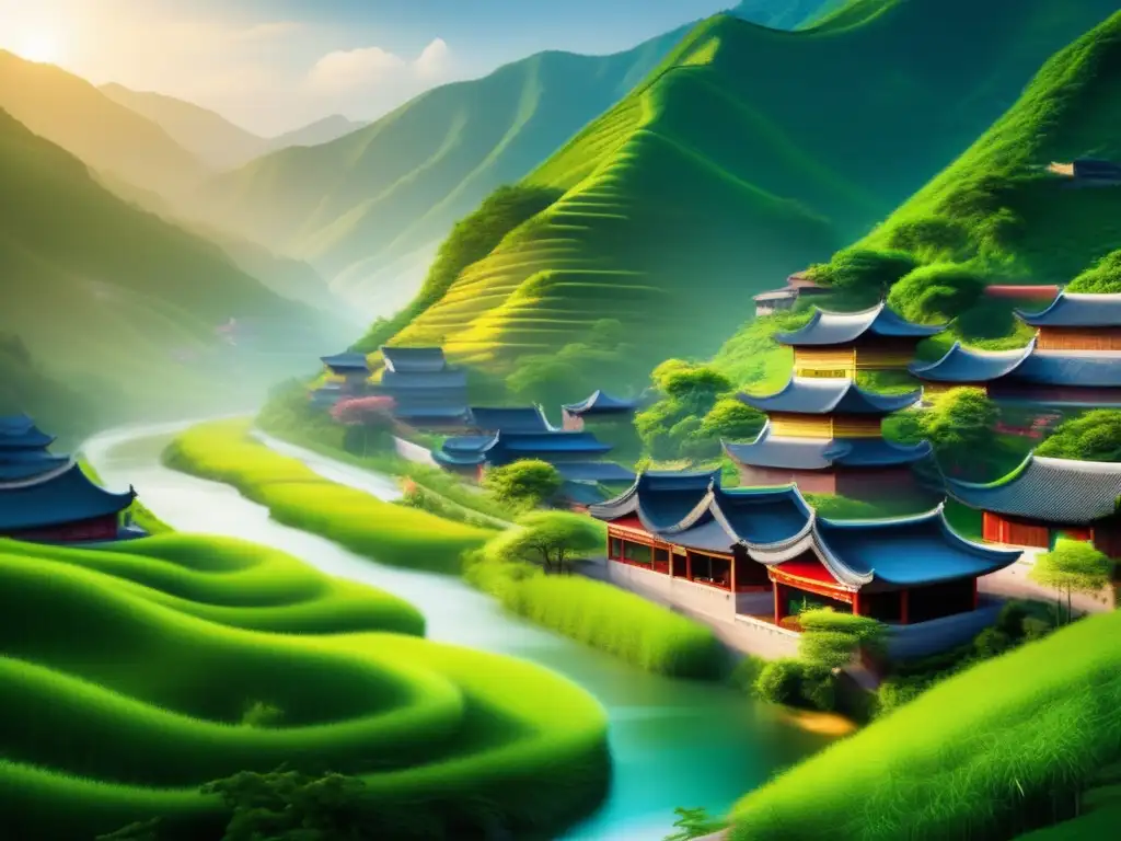 Un paisaje idílico de un pueblo chino tradicional entre montañas verdes, con casas adornadas y un río serpenteante