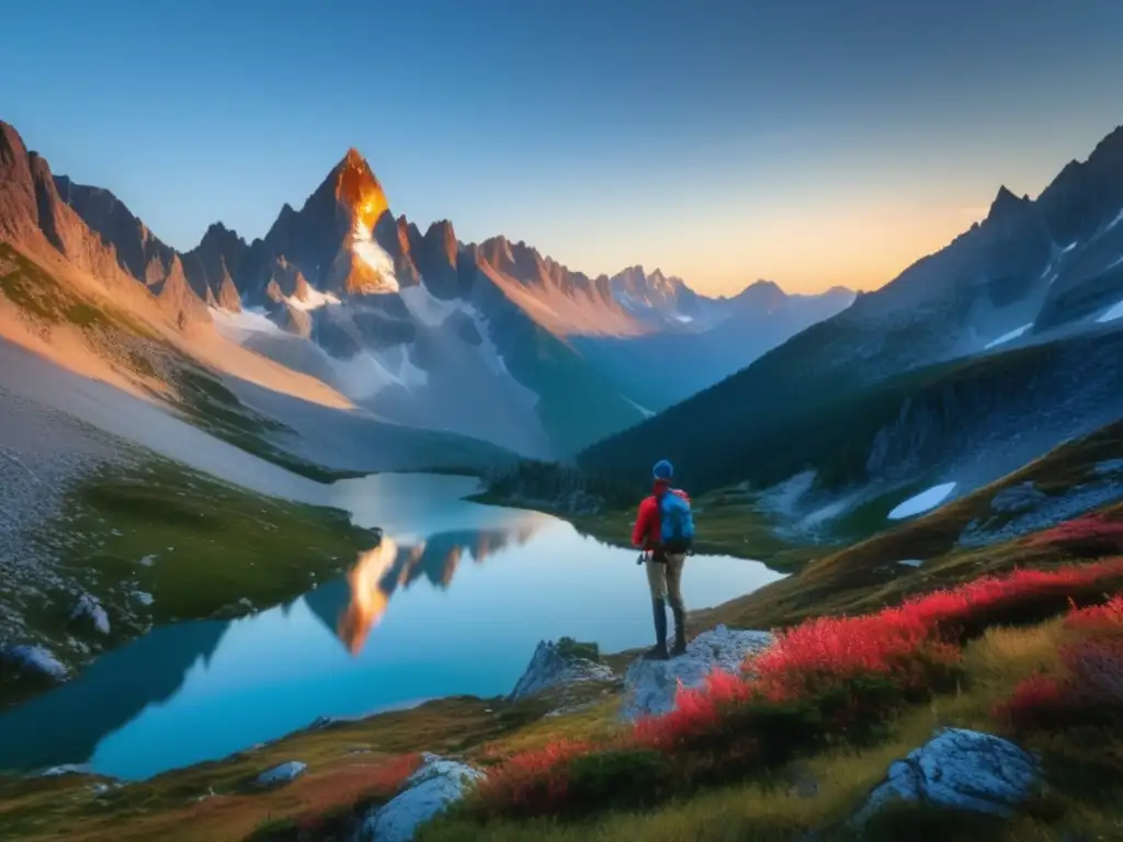 Un paisaje imponente de montaña con picos nevados, un lago alpino cristalino y un excursionista admirando la vista