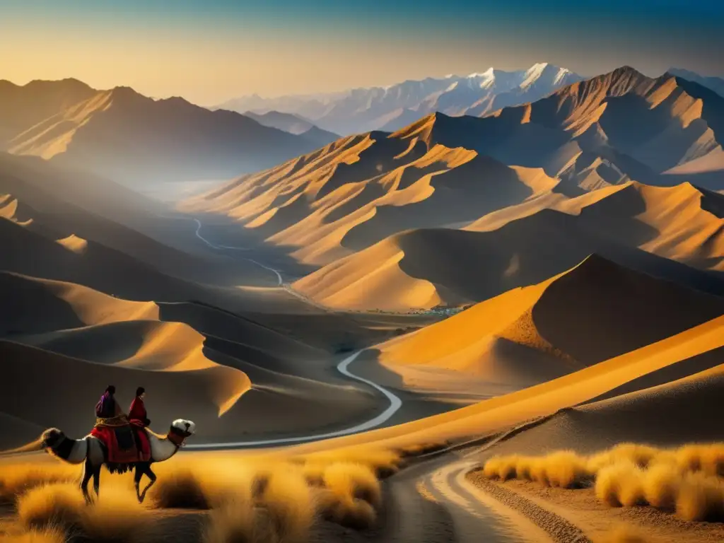 Un paisaje impresionante de la antigua Ruta de la Seda, con colores vibrantes y detalles intrincados, evocando la expedición del general y explorador de China, Ban Chao, a través de terrenos escarpados y montañas imponentes