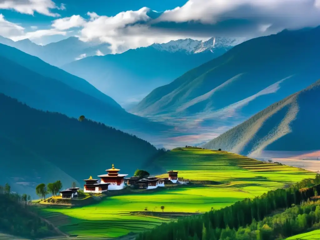 Majestuosa belleza natural de Bhután: montañas nevadas y valles verdes Un paisaje impresionante de Bután, con montañas nevadas y valles verdes
