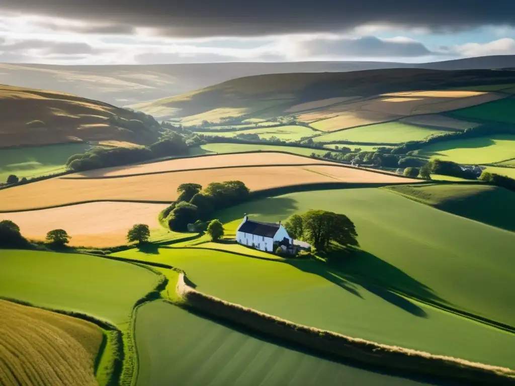 Un paisaje impresionante de Escocia, con colinas verdes y campos de trigo dorado