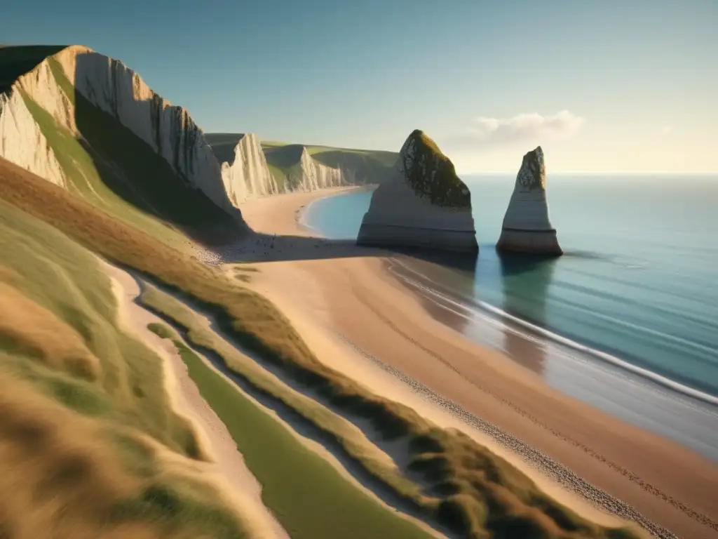 Un paisaje impresionante de la Costa Jurásica en Inglaterra, con acantilados dramáticos y una vasta extensión de océano