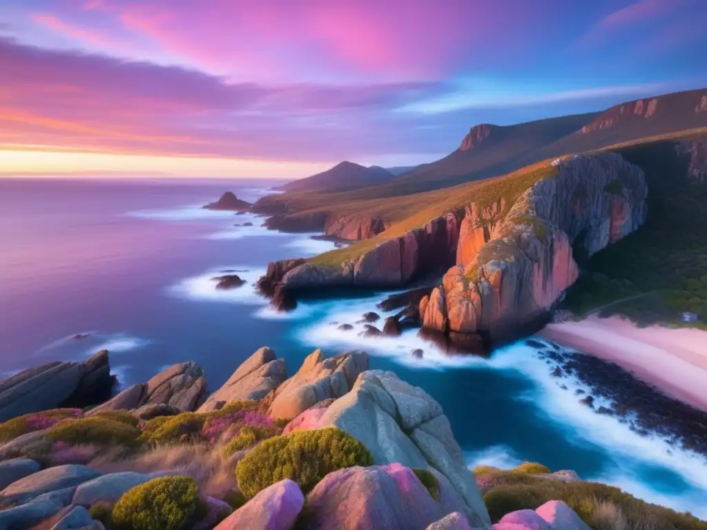 Un paisaje impresionante de la costa de Tasmania, con el mar azul chocando contra los acantilados