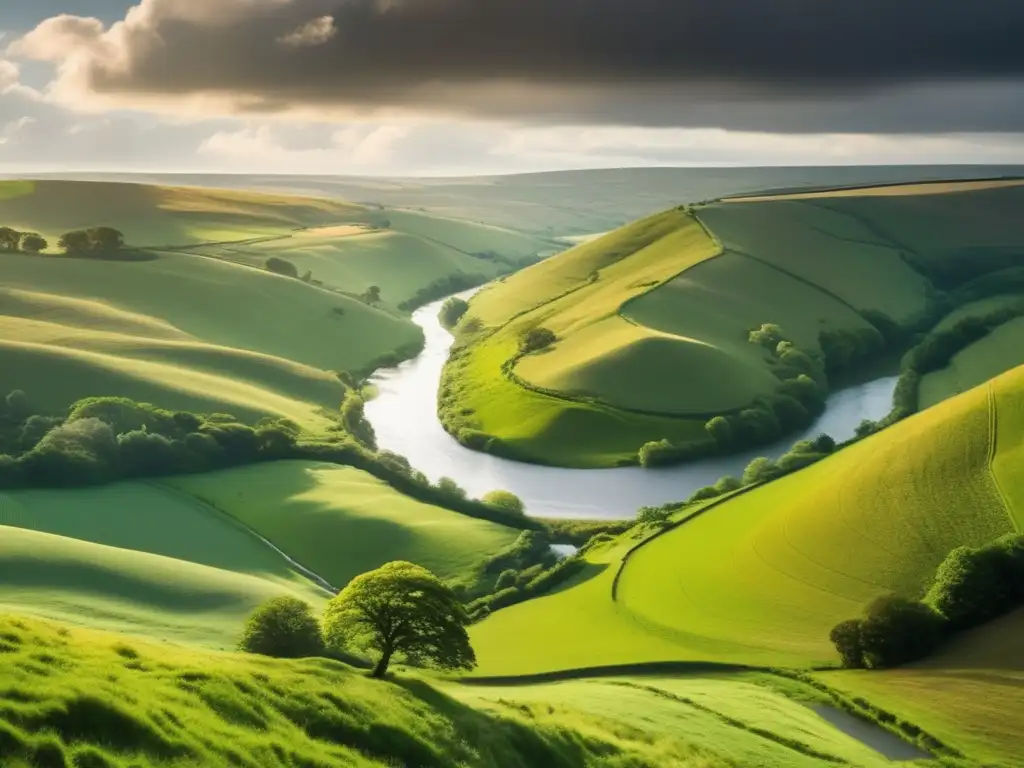 Un paisaje majestuoso con colinas verdes, un río serpenteante y una figura solitaria contemplativa