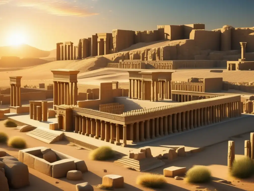 Un paisaje majestuoso de las ruinas de la antigua ciudad de Persepolis, con las columnas imponentes y los restos de palacios