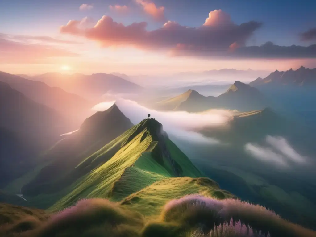 Un paisaje místico y vasto con montañas, valles y un figura solitaria en el borde de un acantilado