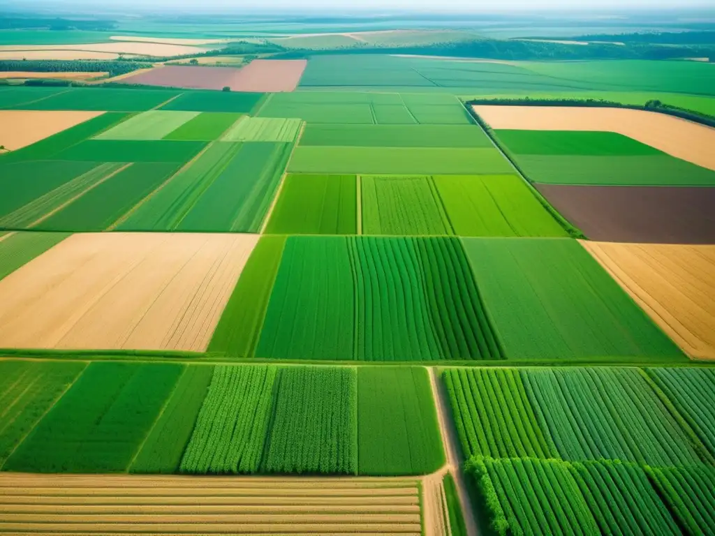 Un paisaje agrícola moderno con campos verdes exuberantes y técnicas agrícolas avanzadas, reflejando el legado controvertido de Fritz Haber en la química