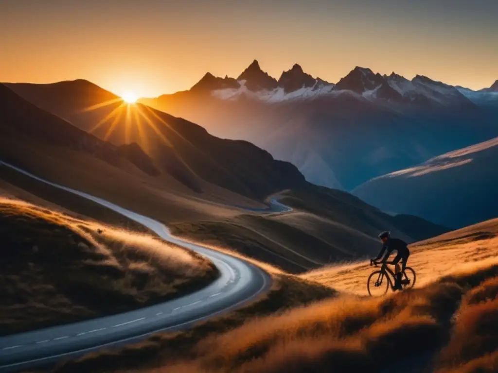 Paisaje montañoso al atardecer con ciclista, evocando la influencia de Chris Froome en el ciclismo