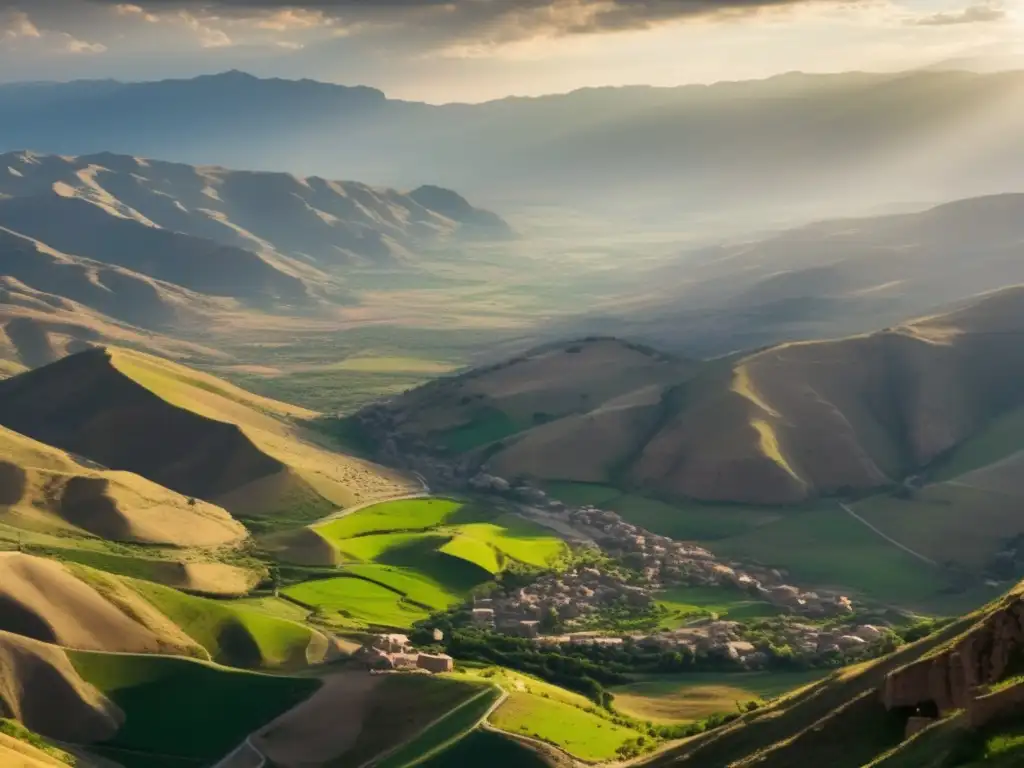Un paisaje montañoso kurdo con valles verdes, pueblos y cielo azul