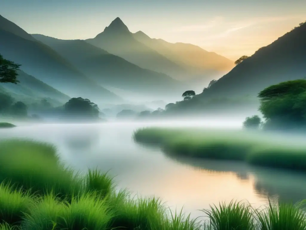 Un paisaje montañoso neblinoso y sereno con exuberante vegetación y un río sinuoso reflejando los suaves tonos del amanecer