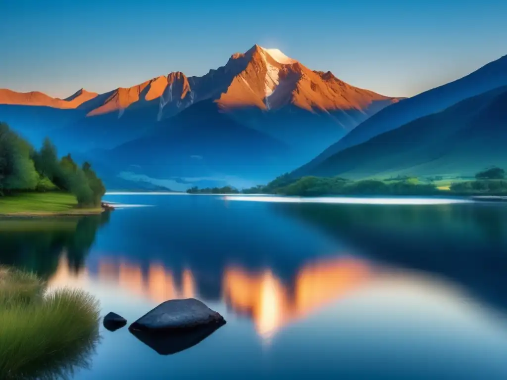 Un paisaje montañoso sereno reflejado en un lago tranquilo al atardecer