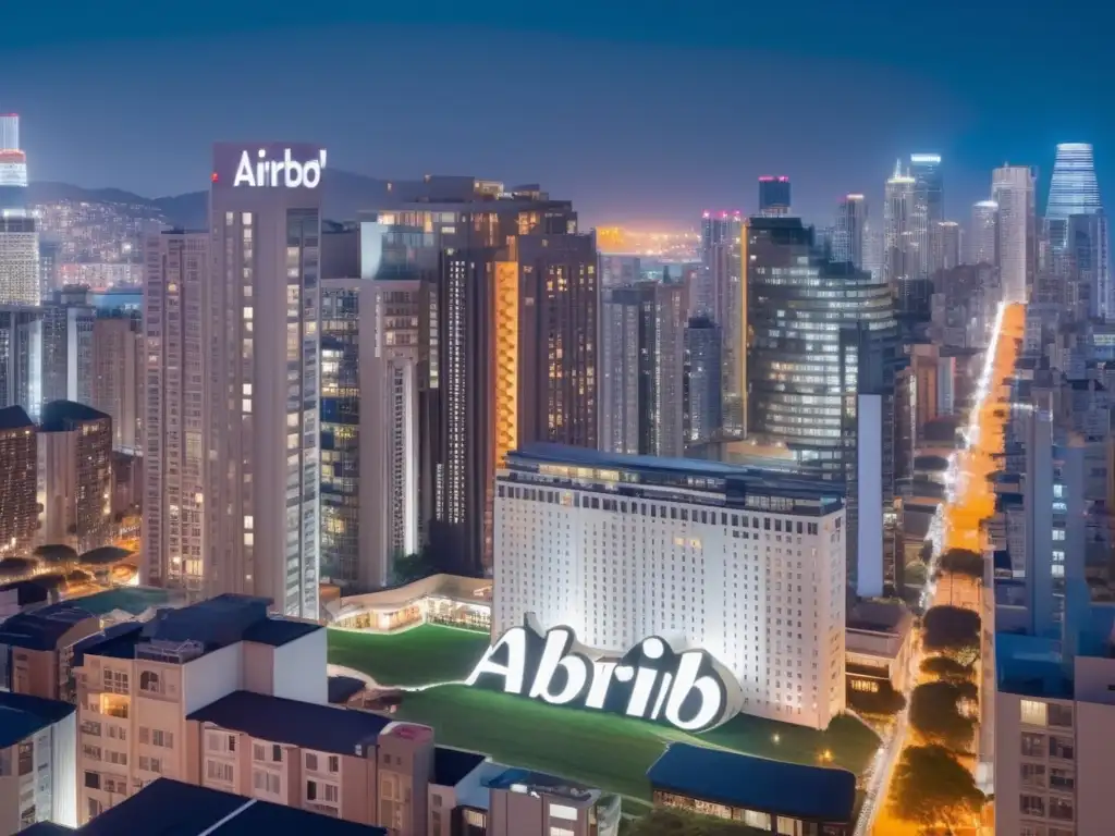 Un paisaje nocturno de la ciudad con hoteles tradicionales y un rascacielos de Airbnb