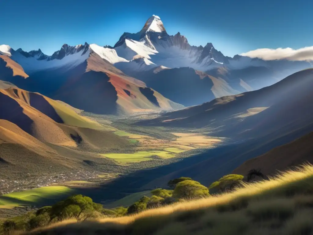 Un paisaje panorámico de los Andes bolivianos, con picos nevados y valles verdes, bajo un cielo azul brillante