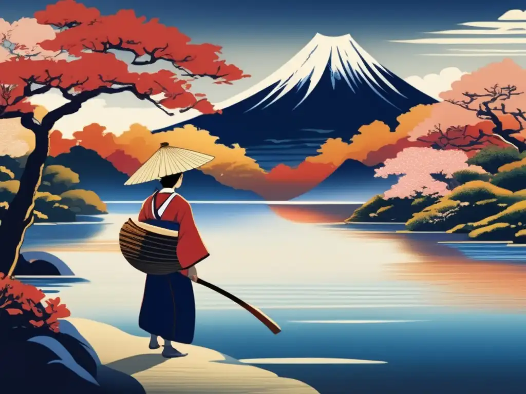 Un paisaje sereno junto a un río, donde un joven Hokusai dibuja con pasión