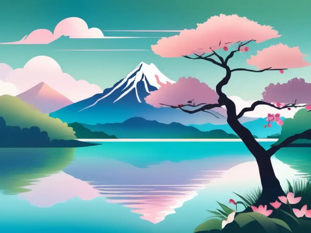 Un paisaje sereno y moderno: montaña envuelta en niebla, lago tranquilo y un árbol de cerezo floreciente