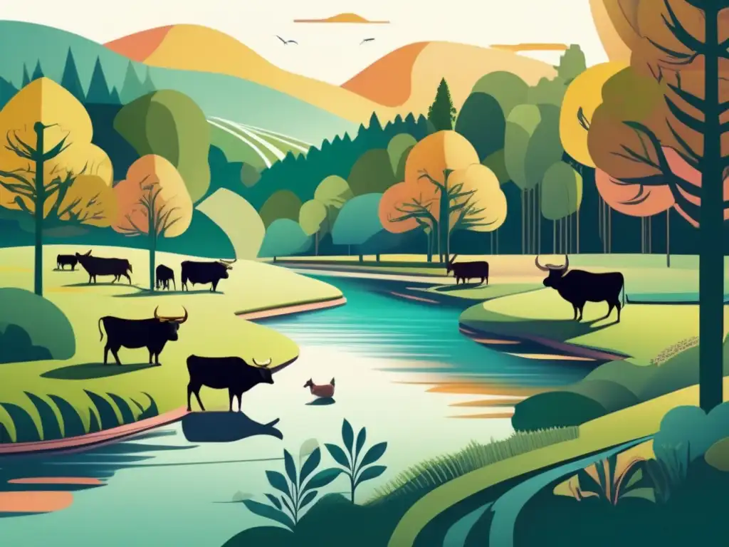 Un paisaje sereno con 10 toros del Zen ilustrados en colores vibrantes