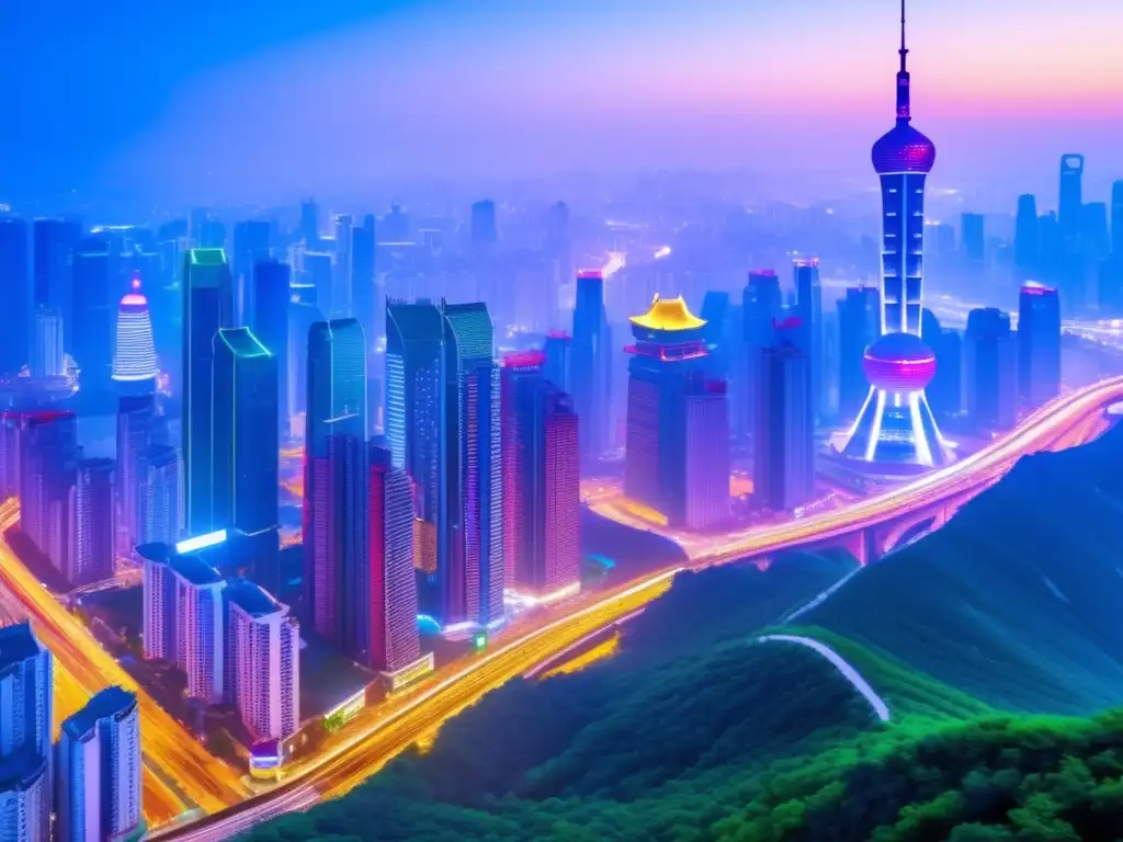 Un paisaje urbano bullicioso en China, con modernos rascacielos y luces de neón vibrantes