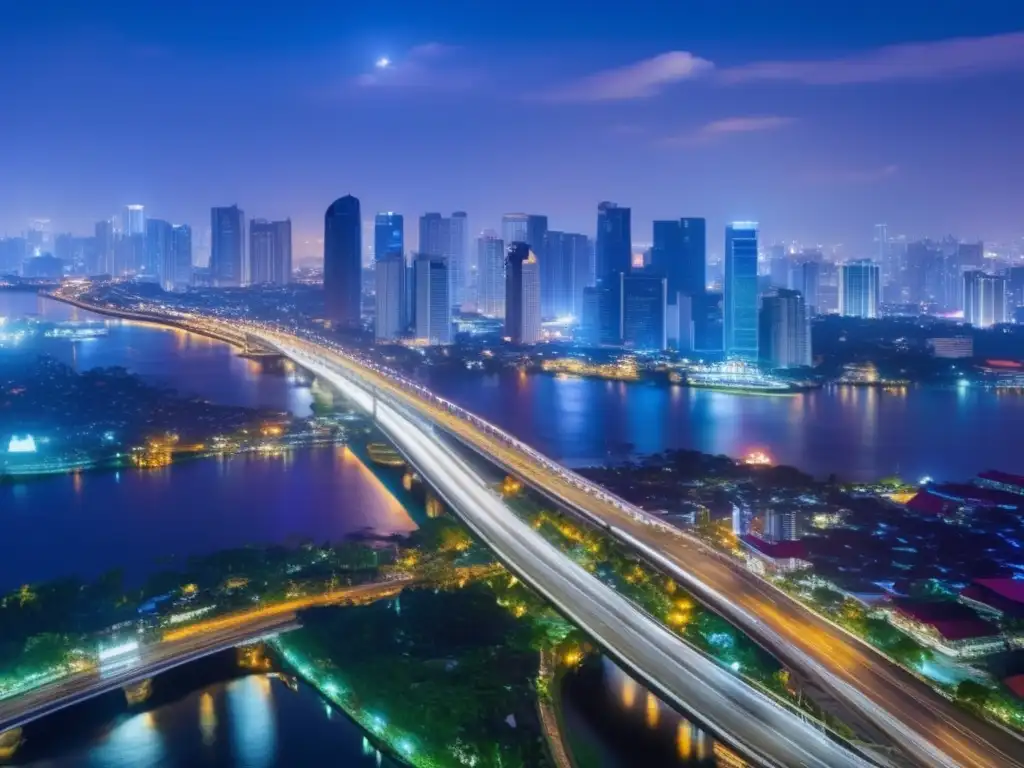 Un paisaje urbano bullicioso de Yakarta, Indonesia, con rascacielos modernos y puentes iluminados contra el cielo nocturno