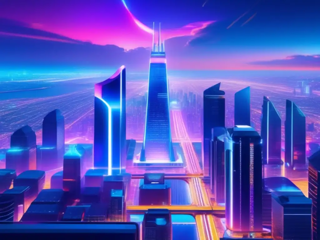 Un paisaje urbano futurista deslumbrante con rascacielos, hologramas y luces de neón, reflejando la crítica social en Un Mundo Feliz Aldous Huxley