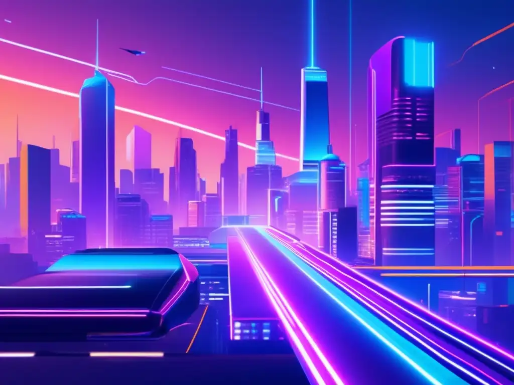 Un paisaje urbano futurista y dinámico, con edificios elegantes y tecnología avanzada, iluminado por luces de neón vibrantes