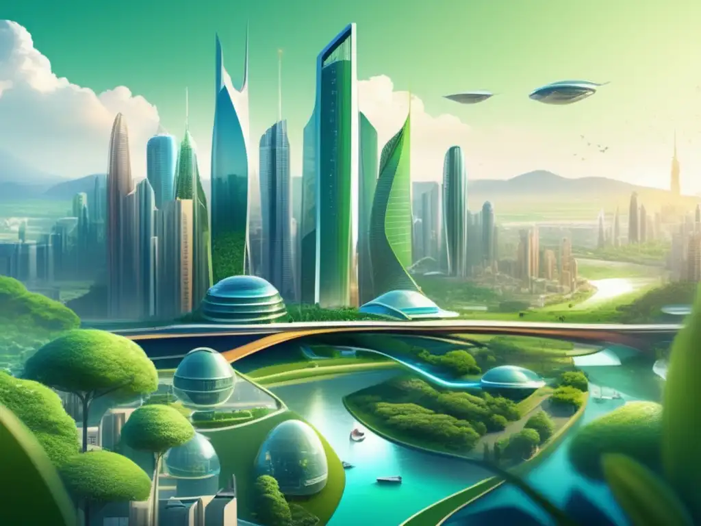 Un paisaje urbano futurista que refleja la ética, responsabilidad y esperanza para el futuro, inspirado en la filosofía ética de Hans Jonas