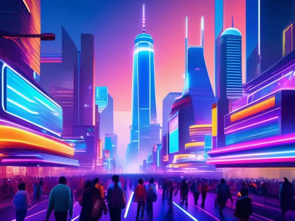 Un paisaje urbano futurista iluminado por luces de neón, con rascacielos y vehículos autónomos