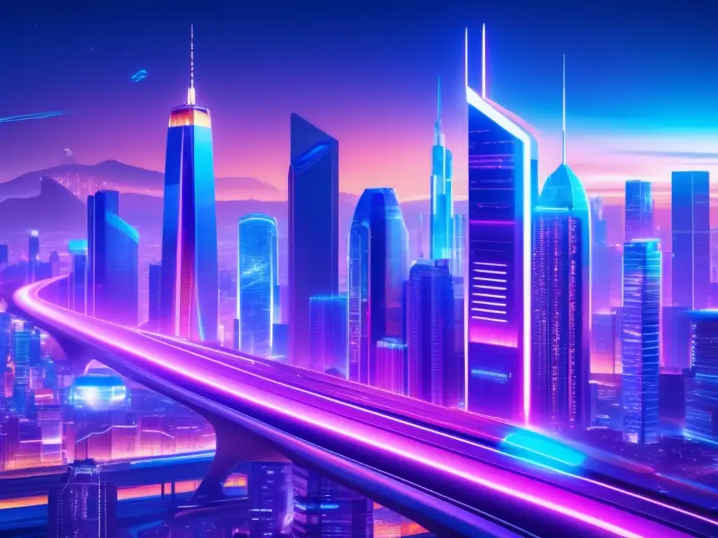 Un paisaje urbano futurista en alta definición 8K, con rascacielos brillantes, autos voladores y vallas publicitarias holográficas