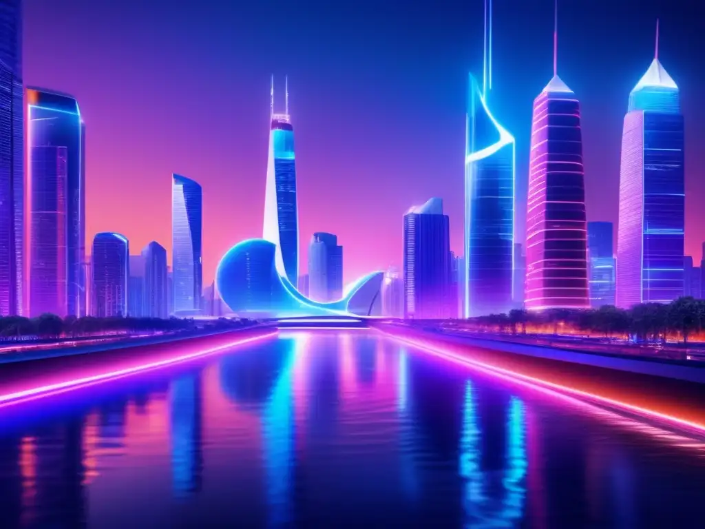 Un paisaje urbano futurista con rascacielos iluminados por luces de neón, reflejándose en el agua