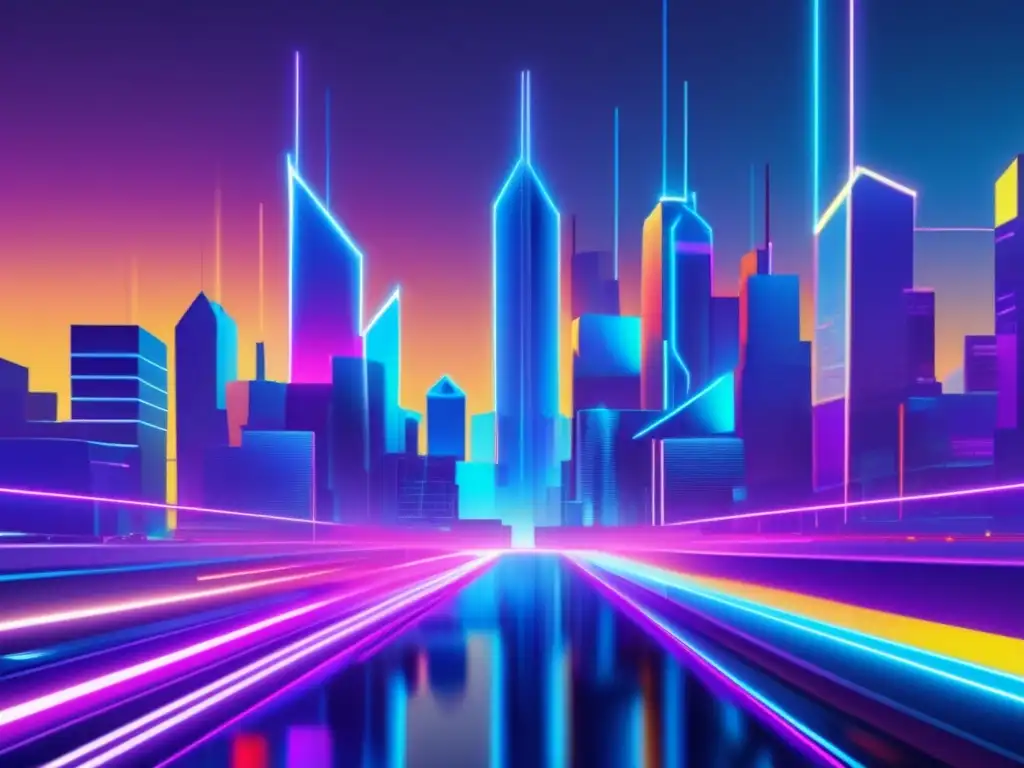 Un paisaje urbano futurista en vibrantes colores neón, reflejando la innovación y la creatividad