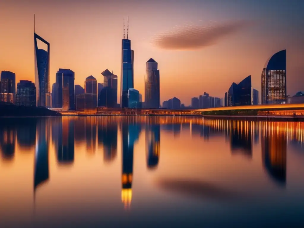 Un paisaje urbano moderno al anochecer, con imponentes rascacielos iluminados por una cálida luz dorada