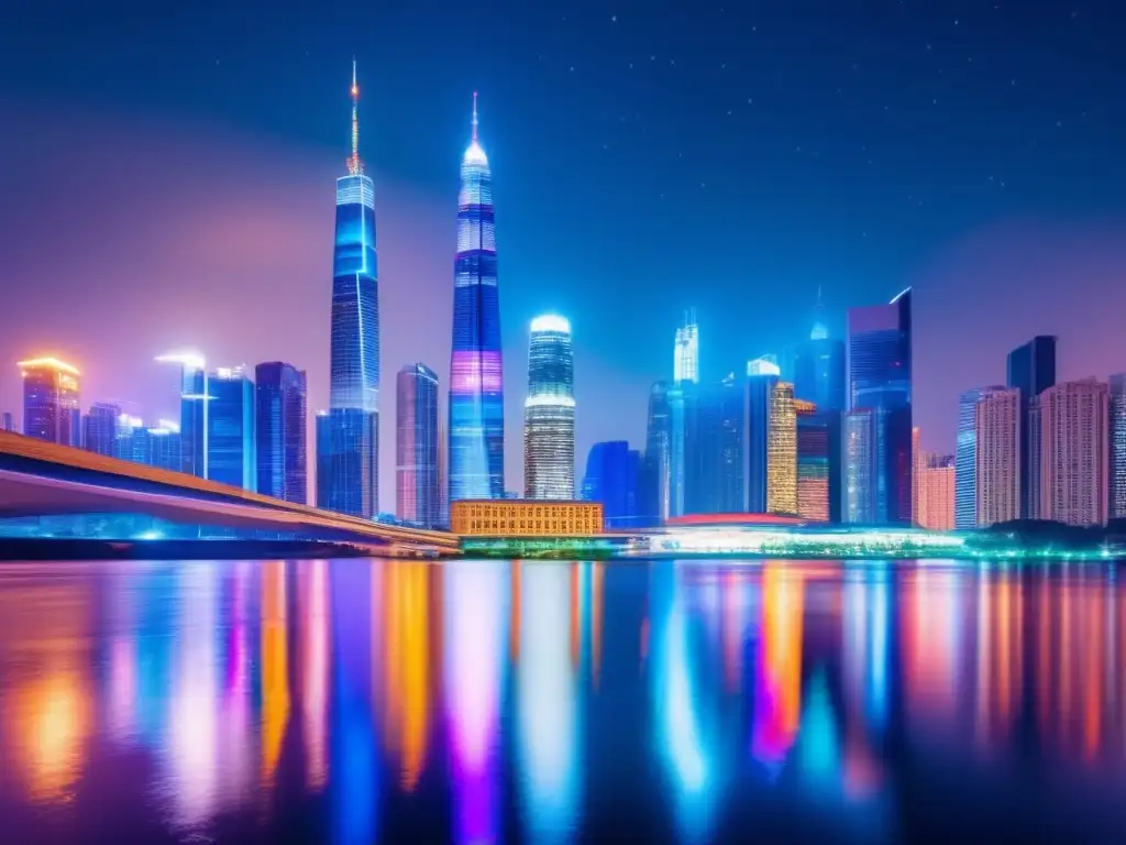 Un paisaje urbano nocturno de rascacielos iluminados y un río sereno, reflejando desigualdad económica en el siglo XXI