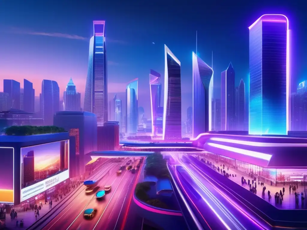 Un paisaje urbano nocturno con rascacielos modernos iluminados y autopistas iluminadas, junto a una bulliciosa plaza llena de gente