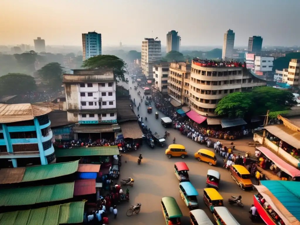 Un paisaje urbano vibrante de Dhaka, Bangladesh, con rickshaws coloridos, mercados bulliciosos y una mezcla diversa de personas