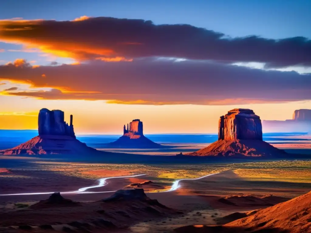 Un paisaje vasto y dramático de Monument Valley bajo un atardecer dorado