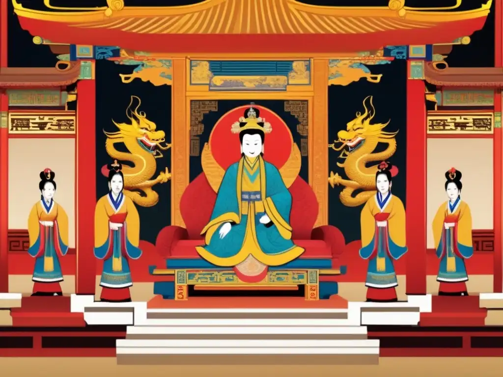 En el palacio imperial de China, la Emperatriz Wu Zetian preside majestuosamente su corte rodeada de opulencia y poder