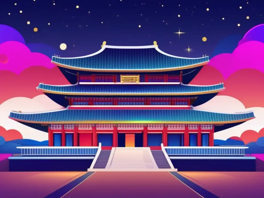 Un palacio de la dinastía Joseon se fusiona con un toque futurista en esta vibrante obra de arte digital