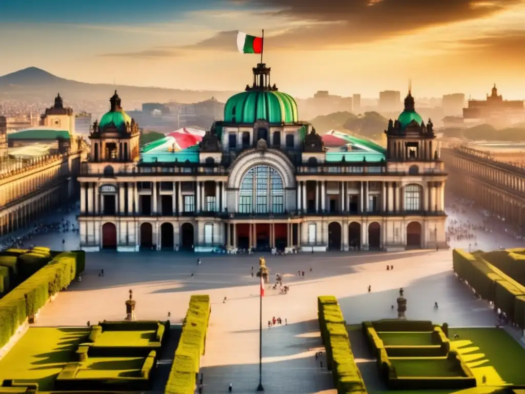 El Palacio Nacional en Ciudad de México, con detalles arquitectónicos, colores vibrantes y la bandera mexicana ondeando
