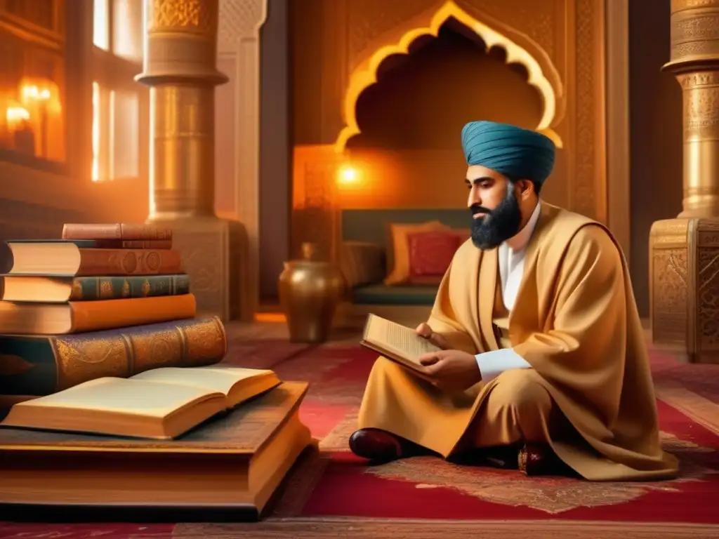 En el palacio persa, el Vizir Nizam alMulk lidera una conversación con sabios, rodeado de libros y pergaminos