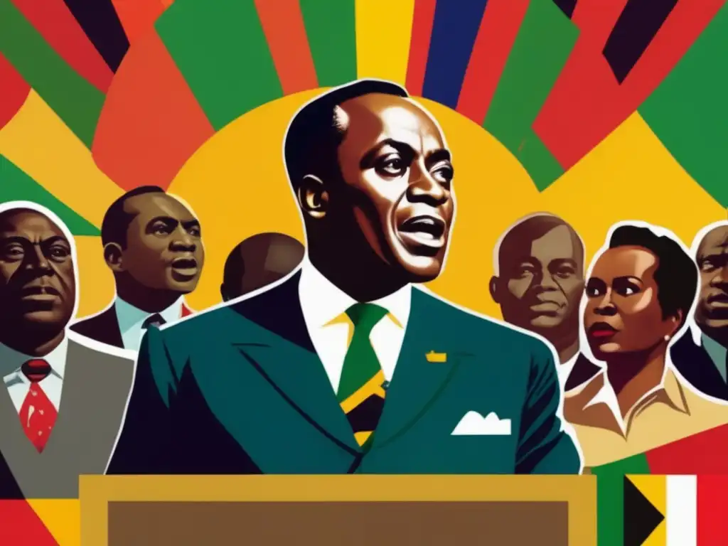 Kwame Nkrumah liderando la visión PanAfricanista en una conferencia, rodeado de líderes africanos y activistas, con banderas africanas al fondo