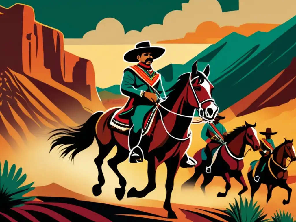 Pancho Villa lidera revolucionarios a caballo en paisaje mexicano, con intensidad y determinación en su rostro y la poderosa postura del corcel