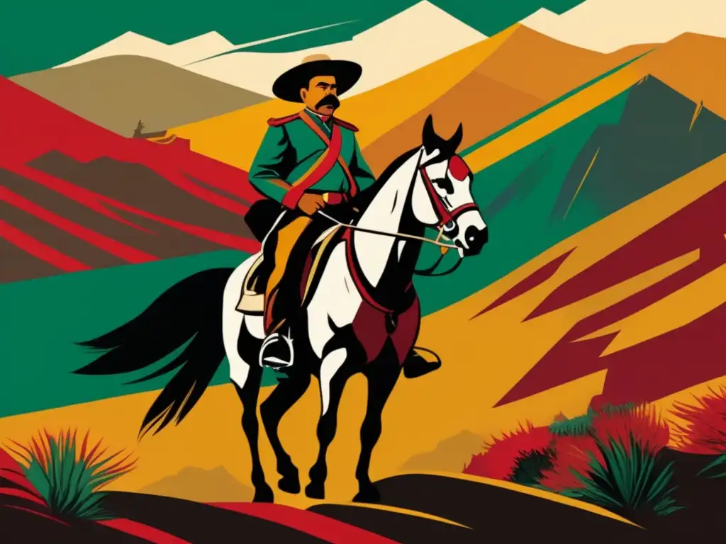 Pancho Villa lidera a revolucionarios a caballo en un paisaje mexicano