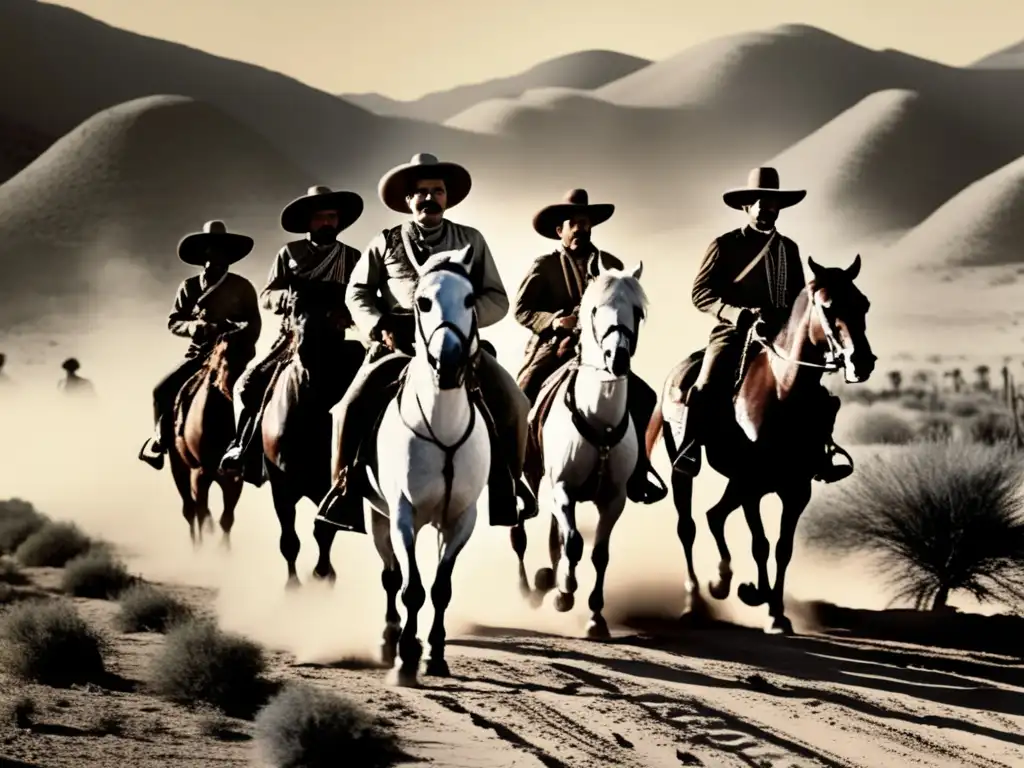 Pancho Villa lidera a soldados revolucionarios a caballo en el desierto mexicano, con un aura de determinación