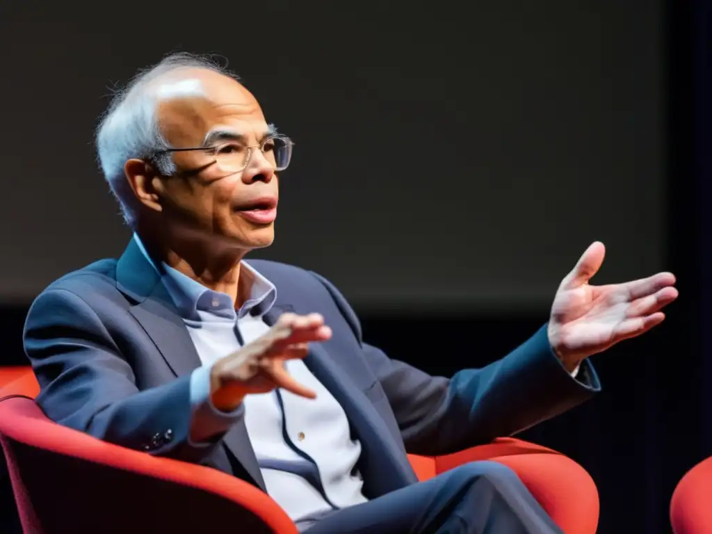 En el panel, Peter Singer discute sobre ética animal, con expresión apasionada y gestos enfocados, en un auditorio moderno