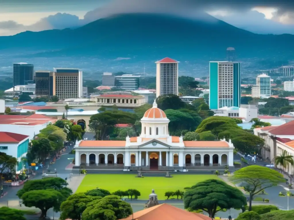 Una panorámica de alta resolución del centro histórico de San José, Costa Rica, destaca el Museo Nacional de Costa Rica y su arquitectura neoclásica